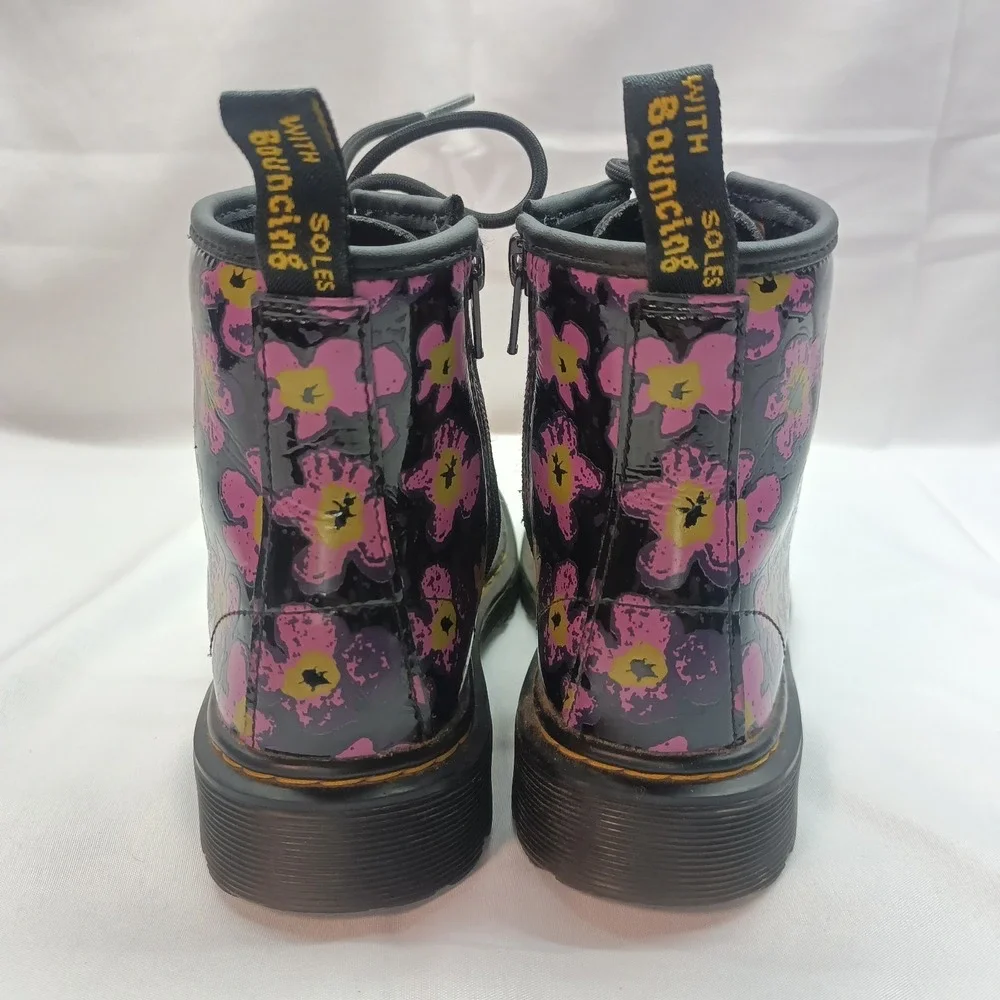 Dr Doc Martens Combat‎ Boots Girls 13 Floral Pansy Black Patent Leather